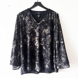 Alfani Black Metallic Burnout Bell Sleeve Blouse Women’s Medium